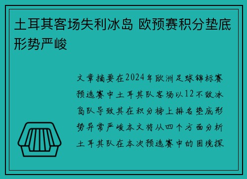 土耳其客场失利冰岛 欧预赛积分垫底形势严峻