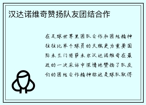 汉达诺维奇赞扬队友团结合作