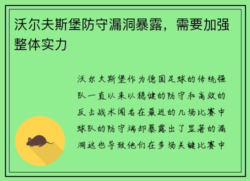 沃尔夫斯堡防守漏洞暴露，需要加强整体实力