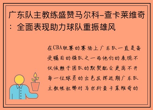 广东队主教练盛赞马尔科-查卡莱维奇：全面表现助力球队重振雄风