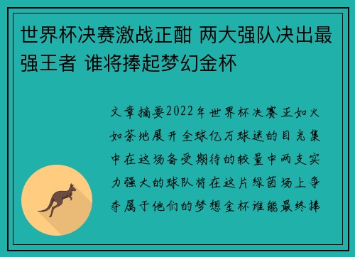 世界杯决赛激战正酣 两大强队决出最强王者 谁将捧起梦幻金杯