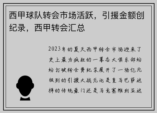 西甲球队转会市场活跃，引援金额创纪录，西甲转会汇总